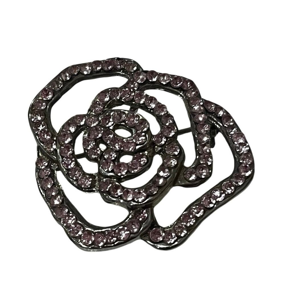 Vintage Pink Rhinestone Rose Brooch – Silver Tone| Sparkling Floral Pin | EUC 🌸